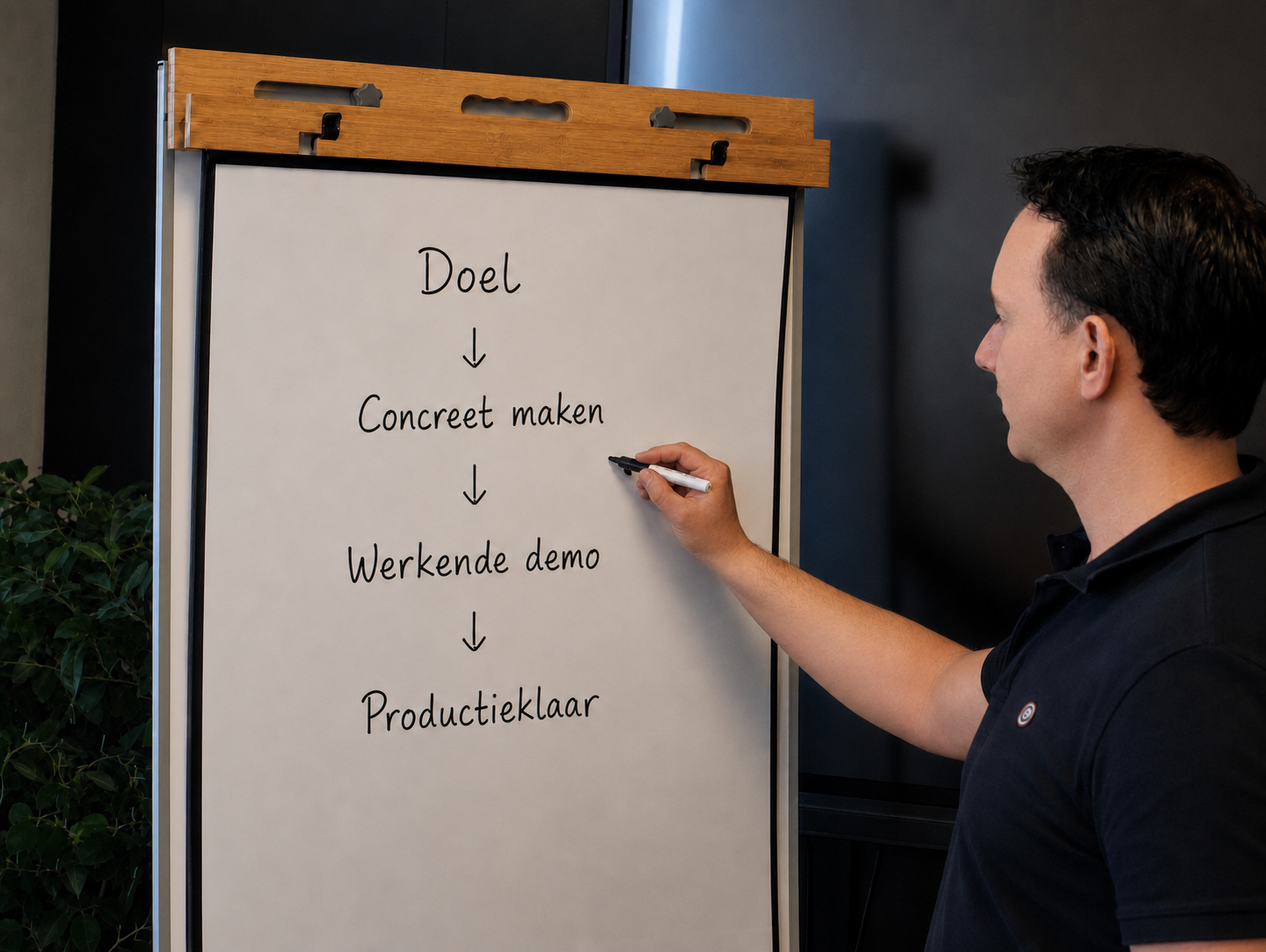 Pascal bij een whiteboard met de stappen doel, concreet maken, werkende demo en productieklaar
